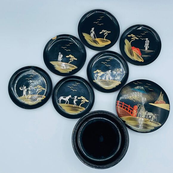 Vintage Black Laquered Japanese Hand Painted Mid-Century Coaster Lidded Set of 6 - Picture 2 of 9